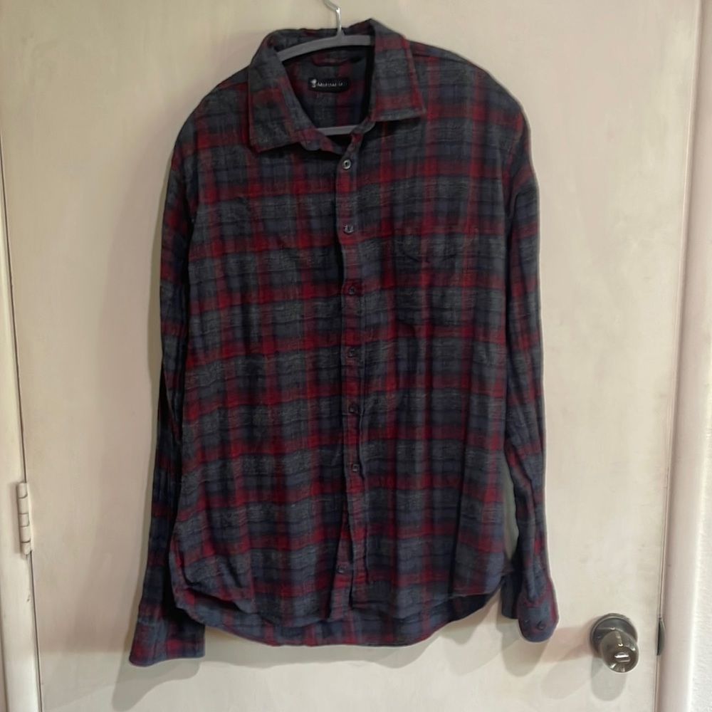 Red gray and black plaid button up shirt. Lightweight flannel by “American Tall”